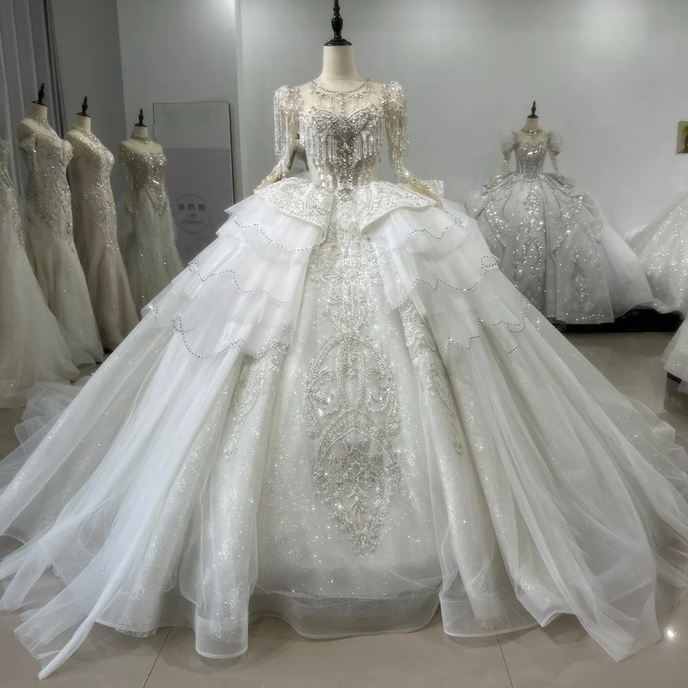 Female Princess Wedding Dress Long-Sleeved Bridal Ball Gown With Open Back Straps Custom Xs090