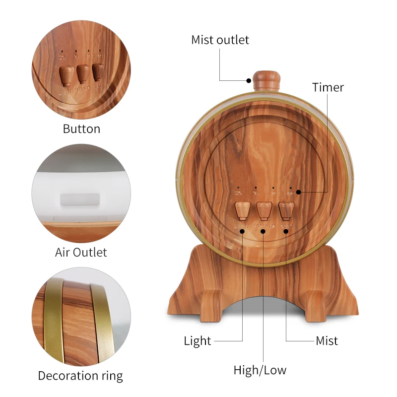 Hot Selling Smart Wood Grain Wine Barrel Aroma Diffuser 350ml Blue Tooth 7 Led Light Aroamtherapy Diffuser