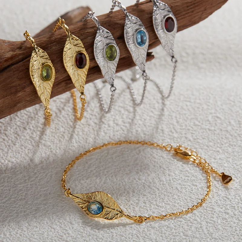 925 Sterling Silver With Natural Garnet/Peridot/Topaz Jewelry Gift,Leaf Inlaid Natural Birthstone Jewelry Set