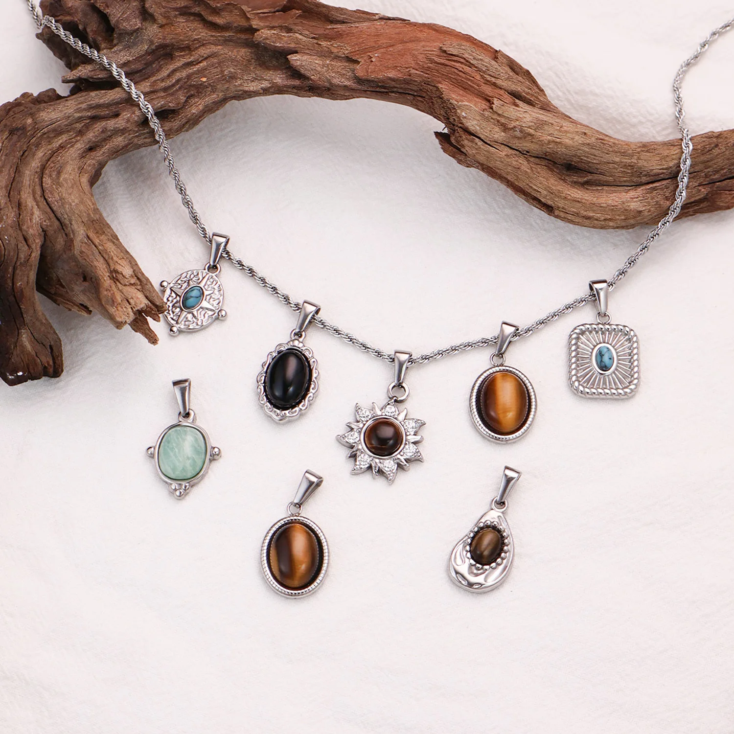 2025 Trendy Jewelry Stainless Steel Oval Gemstone Turquoise Pendants 18K Gold Plated Natural Tiger Eye Stone Charms Pendant