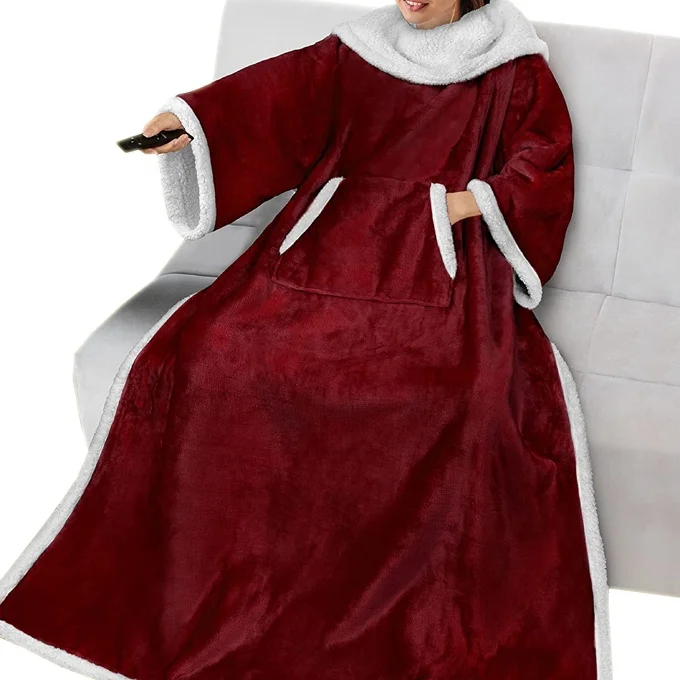 Super soft warm comfy large fleece plush wearable sherpa tv blanket with sleeves