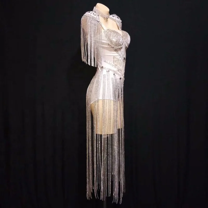 New Crystals Epaulet Sexy Women Sparkly Tassel Outfit Celebrate Costume Stage Party Singer Dance Wear Fringes Leotard