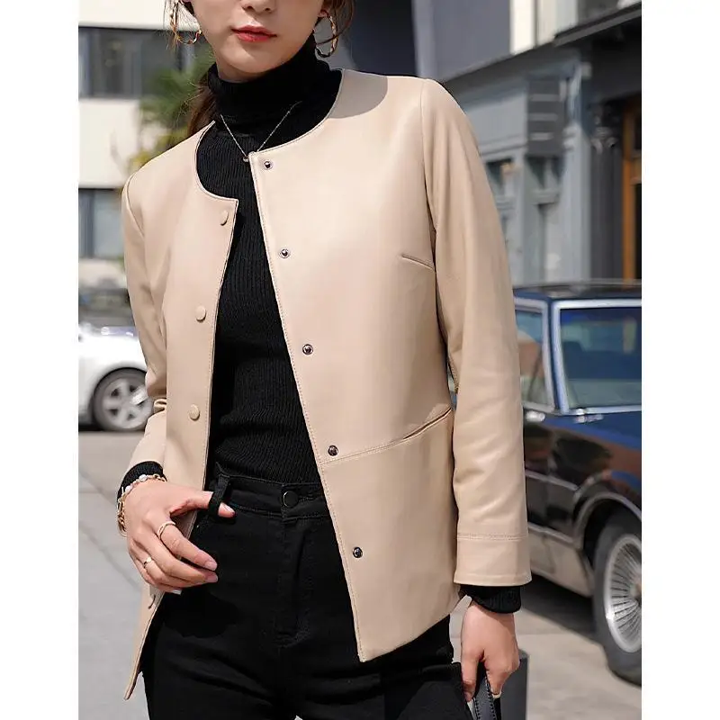 Spring women formal beige jacket coat leather genuine jacket for women beige