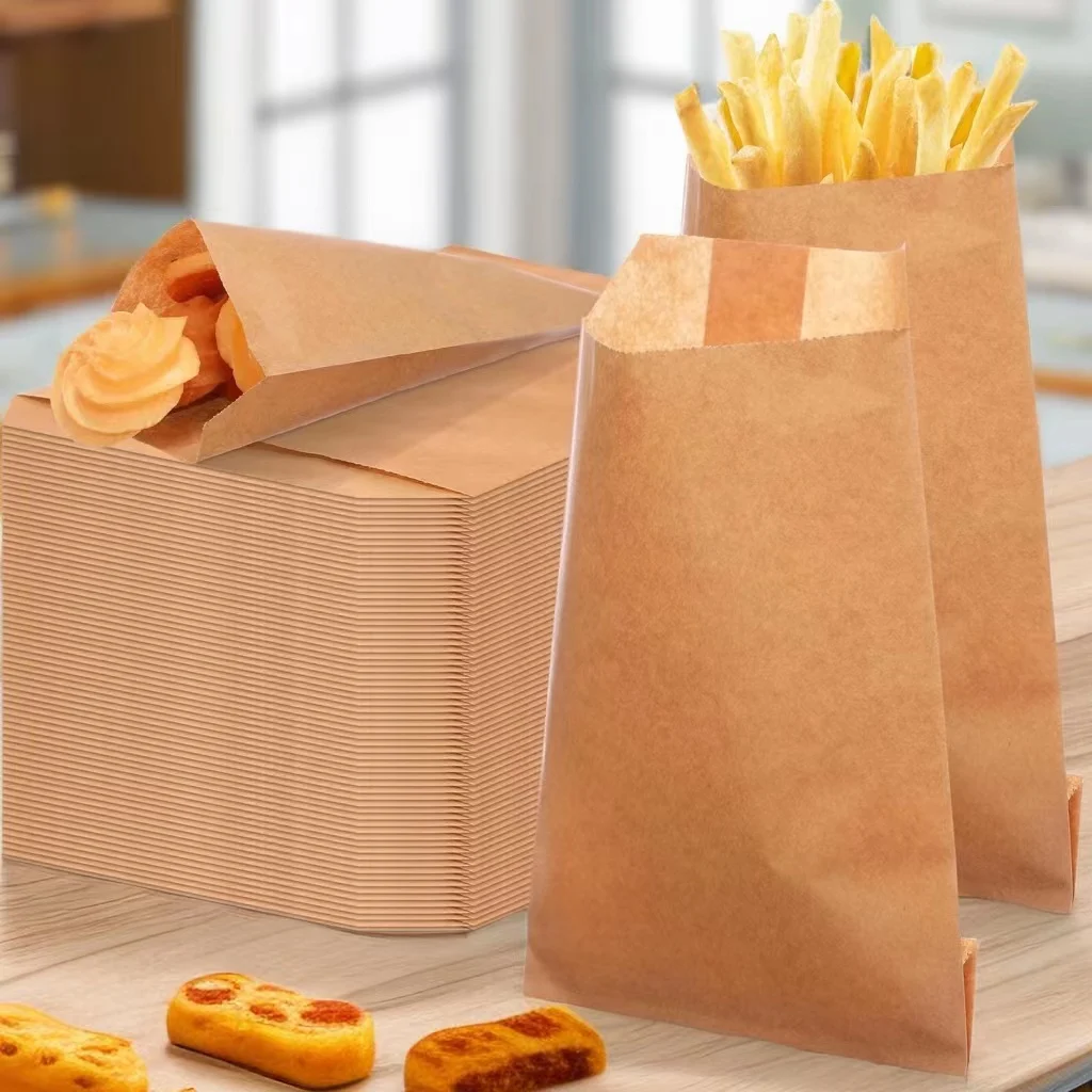 Custom logo wholesales food disposable paper bags brown kraft cookies treat bags flat small paper to go bags for Packaging