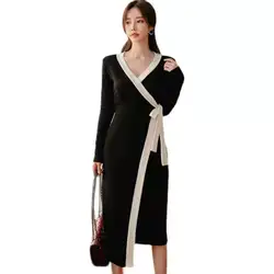 2022 spring new elegant V-neck black and white color matching lace-up waist office dress