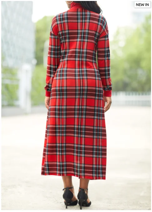 2022 winter clothes Fake 2in1 Tartan Print Wine Red Dress