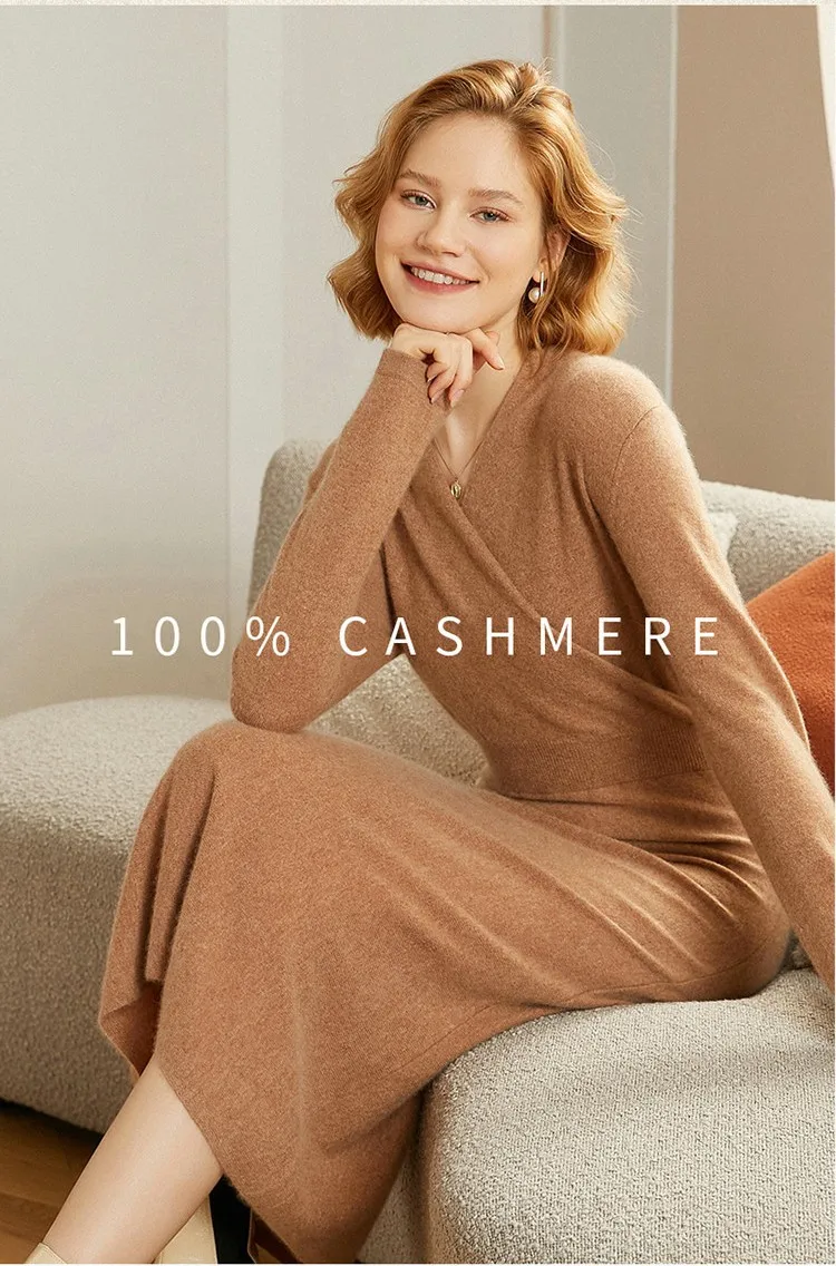 Custom Long Designer Wool Cashmere Women Knitted Women Clothing Turtleneck Sweater Dress Cashmere Dress