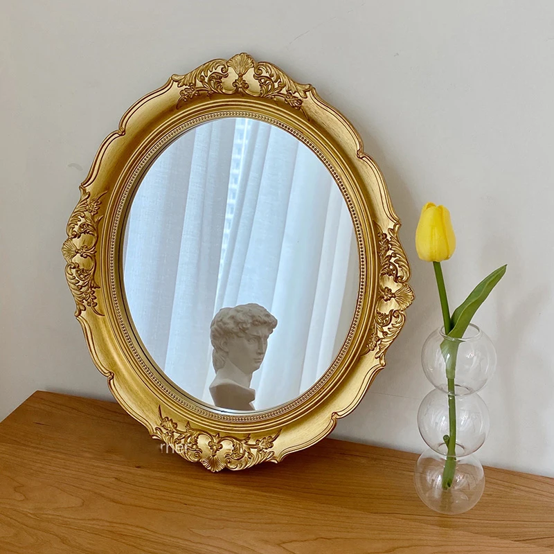 French retro makeup mirror court style embossed-gold mirror ins style desktop vanity mirror