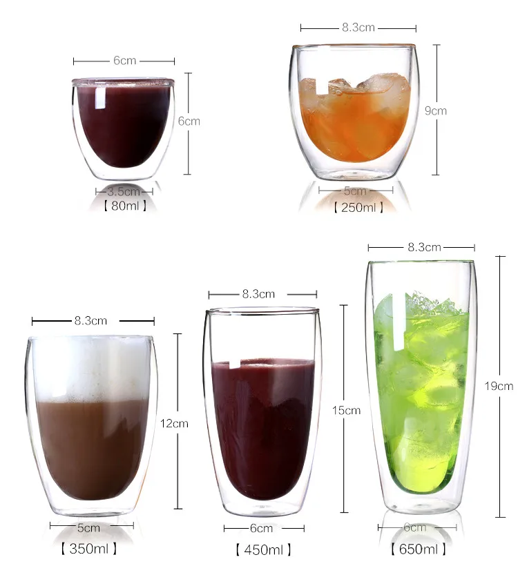 80ml 250ml 350ml 450ml 650ml High borosilicate material Double Wall  Glass cup  coffee cup Handle or cover is available