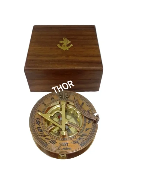 Vintage Brass Compass West London Nautical Gift Item Brass Round Sundial Compass with Wooden Box Home Decor