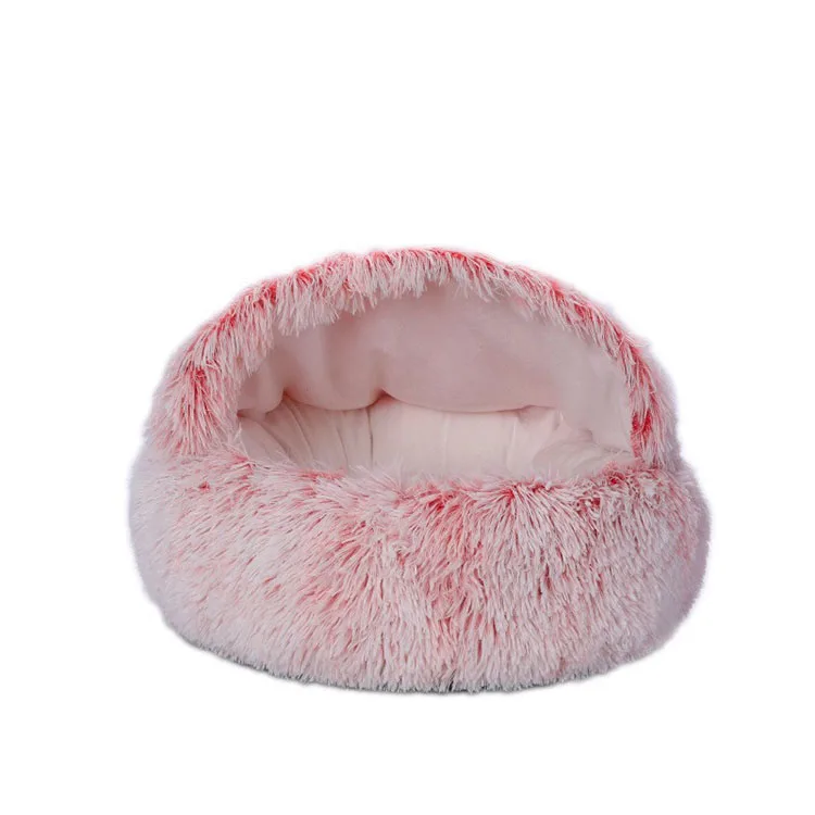 Cat Bed Round Plush Fluffy Hooded Calming Cat Cave Nest with Non-collapsed Cover