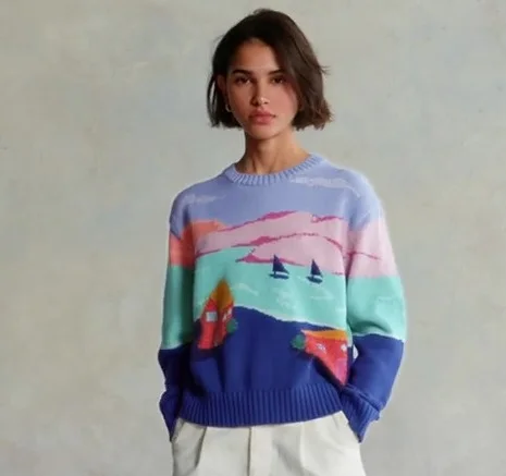 VSCOO Good Quality Wholesale Custom Landscape Graphic Jacquard Ladies Crew Neck Long Sleeve Women Sweater