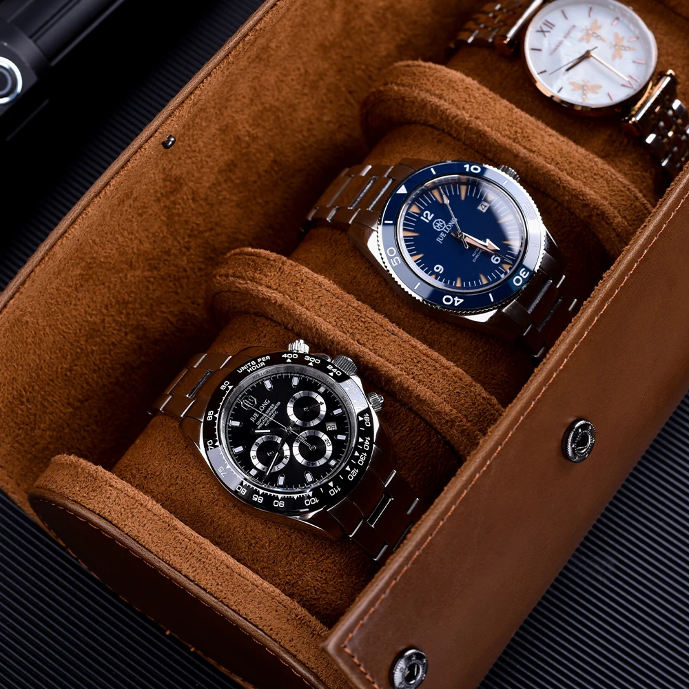 Juelong Black Saffiano Watch Roll Genuine Leather Travel Watch Roll Case For 3 Watches