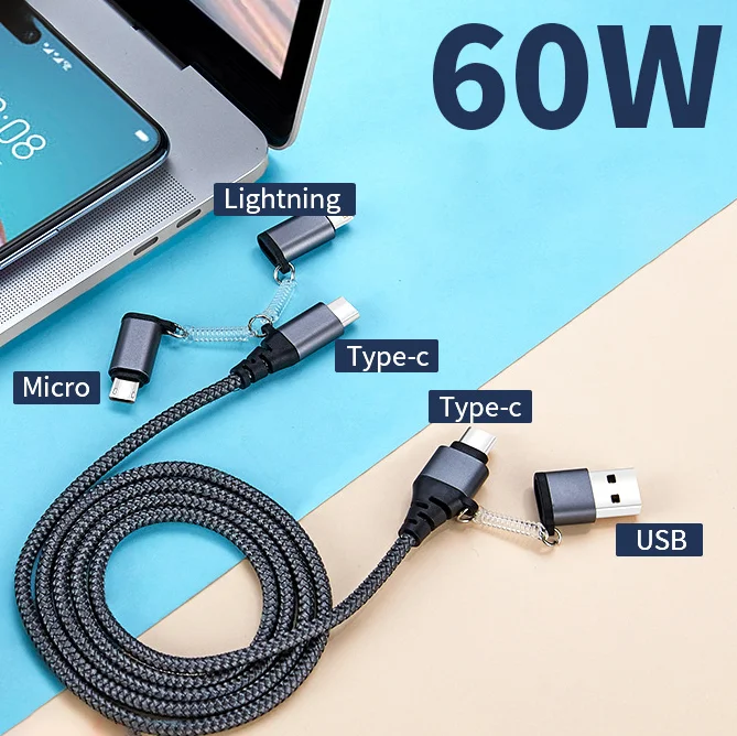 2 in 3 out 5 in 1 PD 60W PD USB Fast charging nylon braided data usb cable Phone Micro USB Type C Cable 3.3 FT Grey