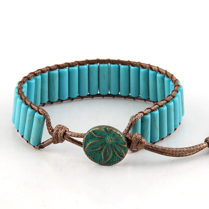 Fashion Thread Leather Wrap Bracelet Pierre Naturelle Flower Button  Rectangle White Turquoise Stone Bracelet