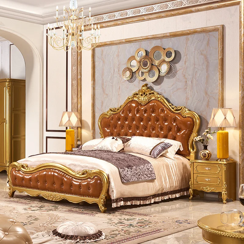 
Royal Princess Double bed Master Bedroom Luxury Wedding Bed Carved Solid Wood Headboard Palace1.8m Gold Bed 