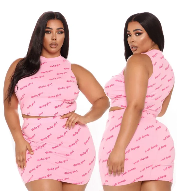 
Pink color Women skirt set plus size women clothing two piece sets cute  (1600215526521)