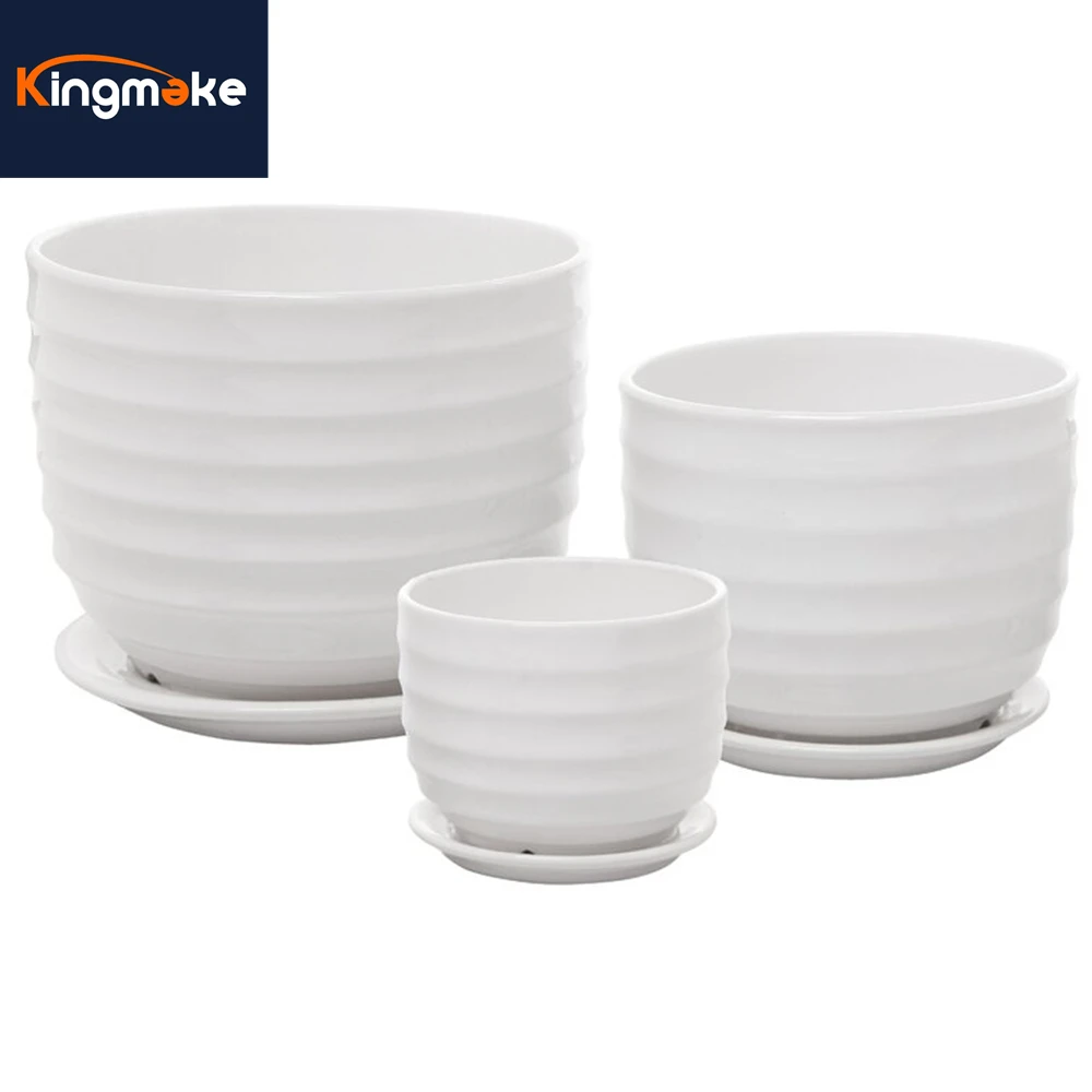 New Simple Indoor Desktop Decorations Round Flower Pot Horizontal Stripe Design Flower Pot with Tray