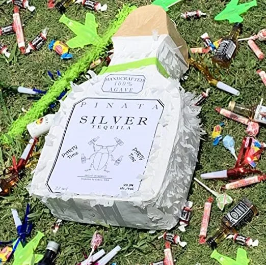 Partycool New Design Party Decoration Photo Props Candy Toys For Adults White Tequila Bottle Pinata With Sticker Plastic Rope