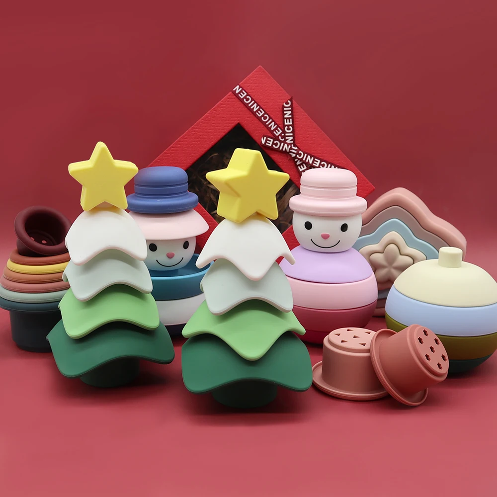 New Christmas Children Colorful Montessori Soft Kids Stack Toy Build Block Baby Stacking Toys Silicone