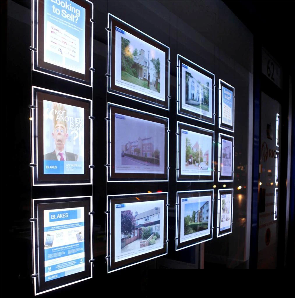 Crystal led Real estate window display frames A3 A4 cable wires hanging kits double side magnetic acrylic light box
