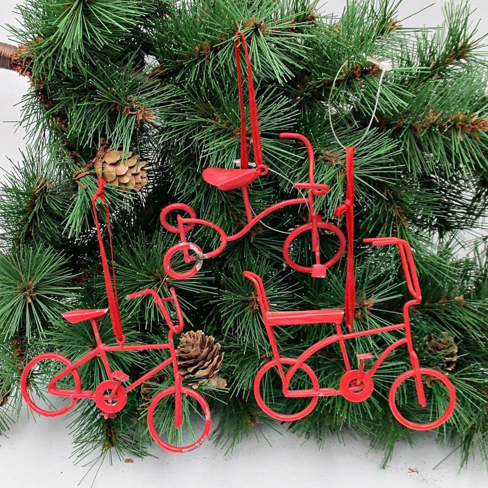 New Product Wholesale Rustic Red Metal Wire Gift Art Handmade Bicycle Hanging Christmas Tree Ornament