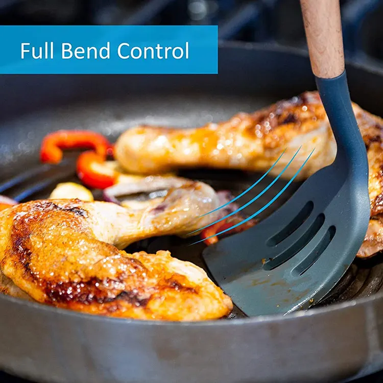 Natural Wood Kitchen Utensils 6 pcs Eco Friendly & BPA Free Non Stick Silicone Cooking Utensils Set