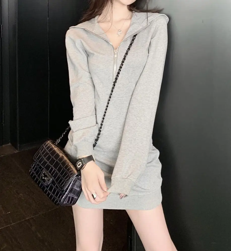 
Custom New Design Winter Long Sleeve Zipper Collar Pullover Sweatshirt Dresses with Hoodie for Women 