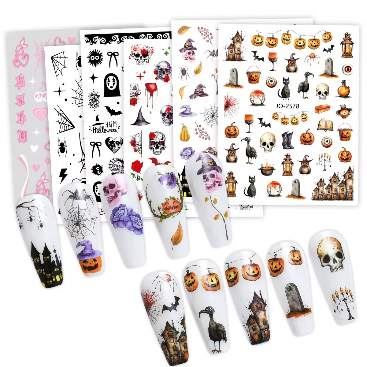 Nail Decoration Halloween Style Horror Skull Nail Decals 3D Funny Pumpkin Spider Nail Art Stickers