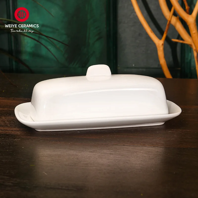 WEIYE new design OEM ODM 8 inch rectangle custom white porcelain ceramic butter dish with lid