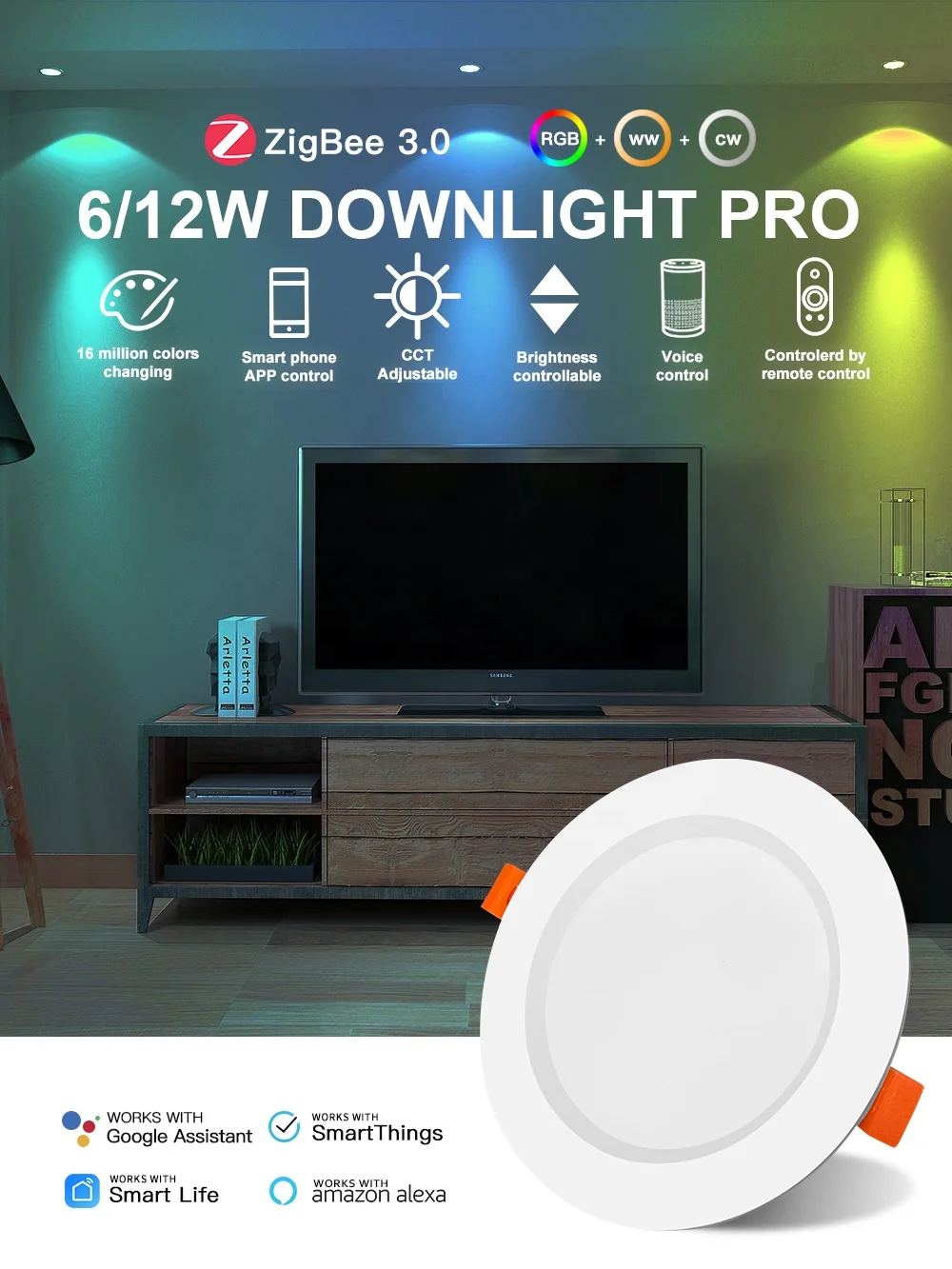 Gledopto Zigbee 3.0 RGB+WW+CW Led Recessed Downlight Input voltage AC 110-240 V Input current 54 mA Max Brightness adjustment