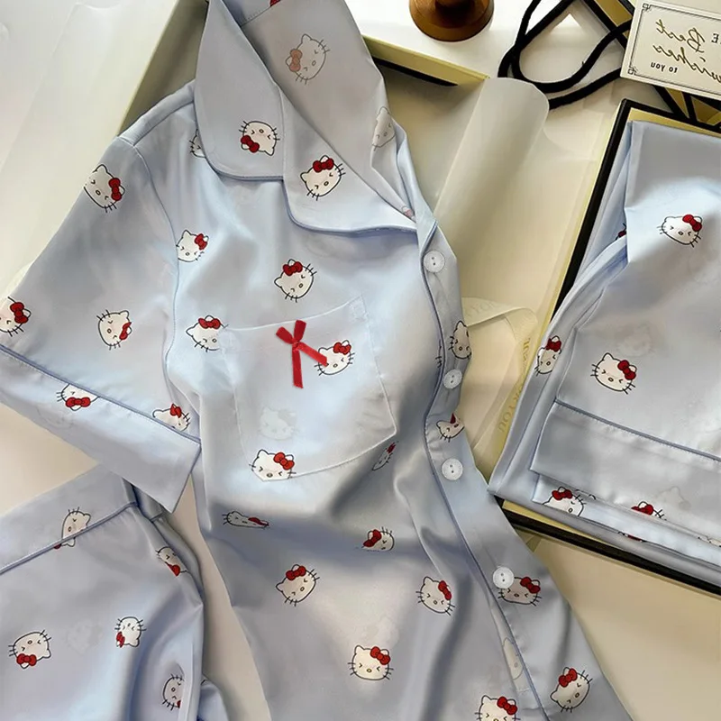 Cute cartoon Hello kt Kitty high-end ice silk pajamas that can be worn outside three piece pajama set