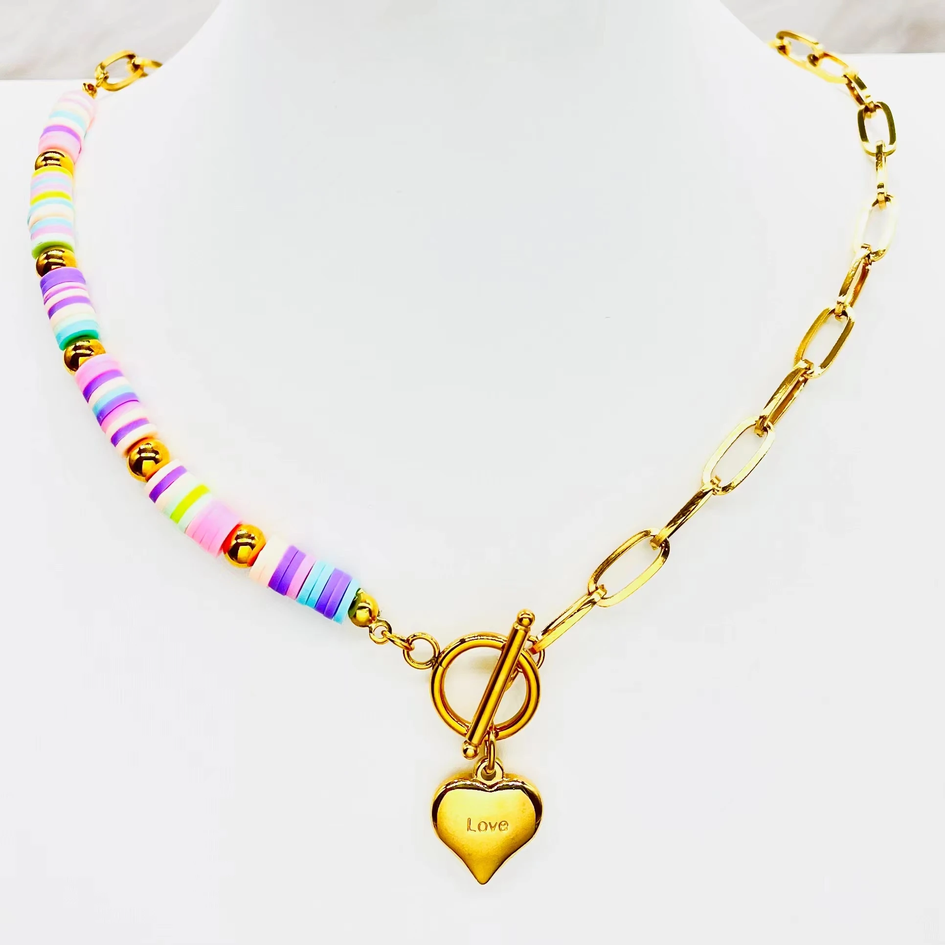 HC  Fashion Beads Chain Surfer Choker Love  Heart Necklace  Set Disc Colorful Statement Necklace Chain Puka Beach Neck Jewelry