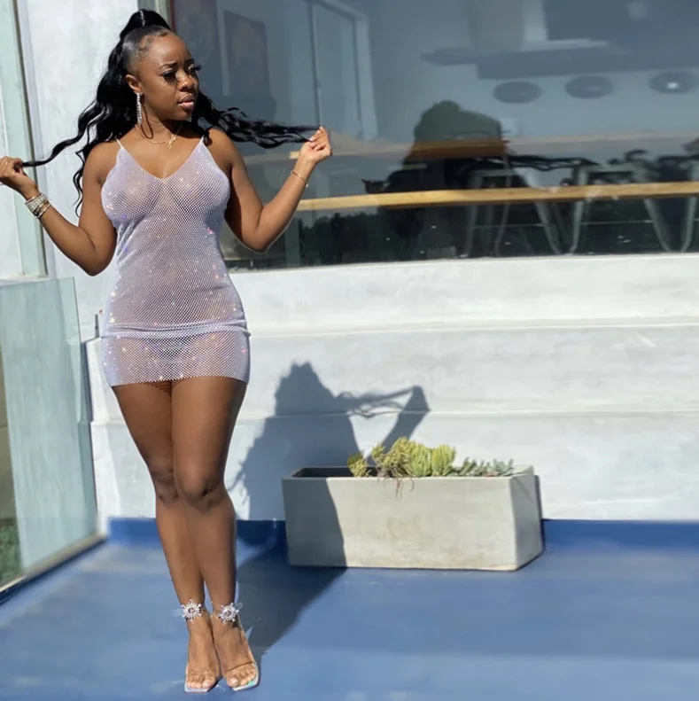 K21D11323 2022 Spring Summer Women Dresses Women New Nightclub Fashion Low-cut Sling Diamond Mesh Sexy Bag Hip Dress