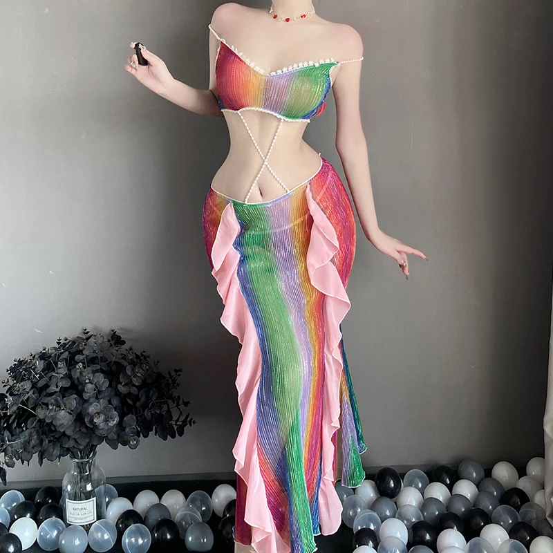 Wholesale Rainbow Color Sexy Dress Pearls Corss Backless Corp Tops Ruffles Fishtail Skirt Erotic Lingerie Beach Hotsweet Dress