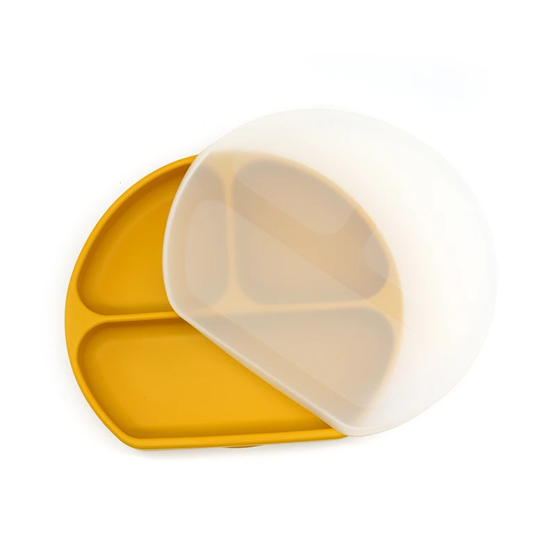 New design strong suction plate D shape soft bpa free silicone divided baby feeding plate set with lid
