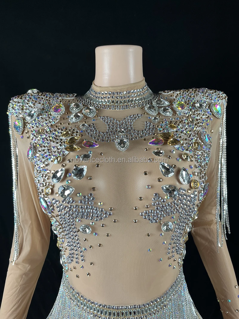 Manufacturer Womens Apparel Sexy See Through Tassel Rhinestone Bodysuits Dress Jewerled Bling Jumpsuit Traje Danza Del Vientre