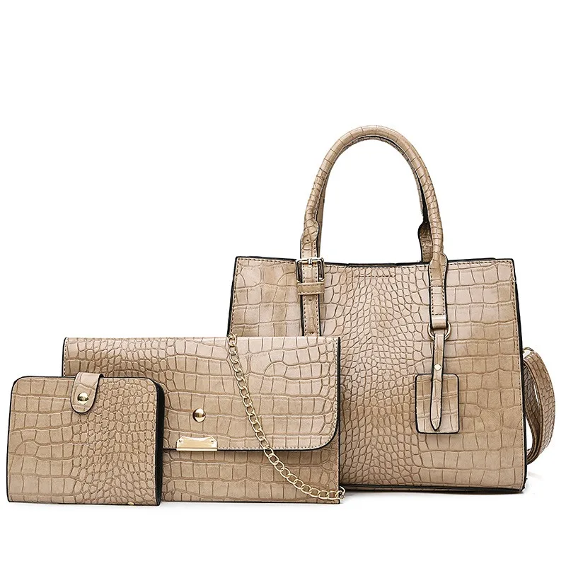 high quality women handbag set large capacity shoulder bag casual tote with alligator crocodile pattern PU leather 3cs in one