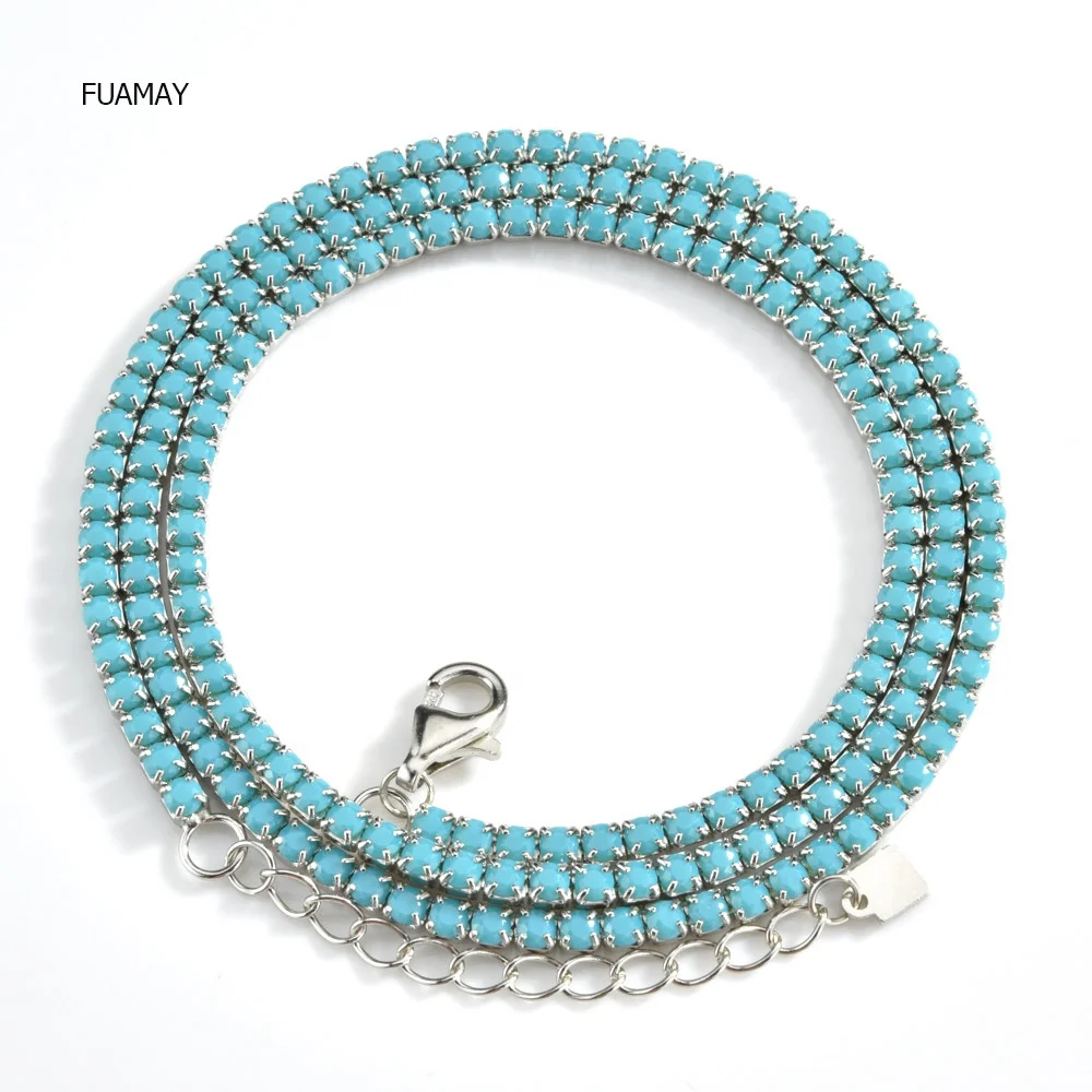 FUAMAY Silver Turquoise Jewelry Long Real Diamond Rough Turquoise Chain Blue 18K Plated Gemstone Turquoise Necklace