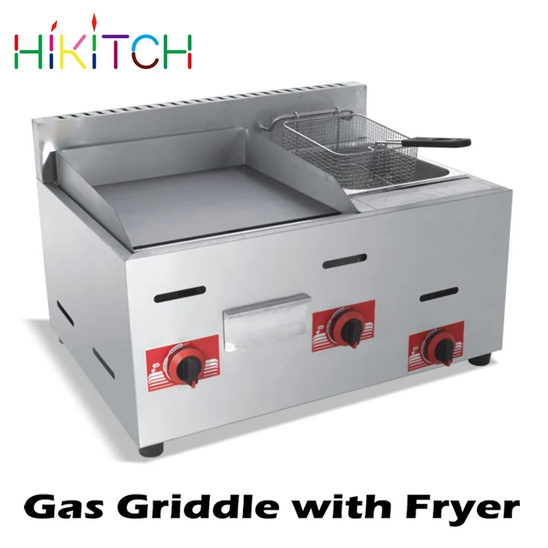 Commercial restaurant gas flat plate griddle with deep fryer single tank 6 potato chips frying combined cooker