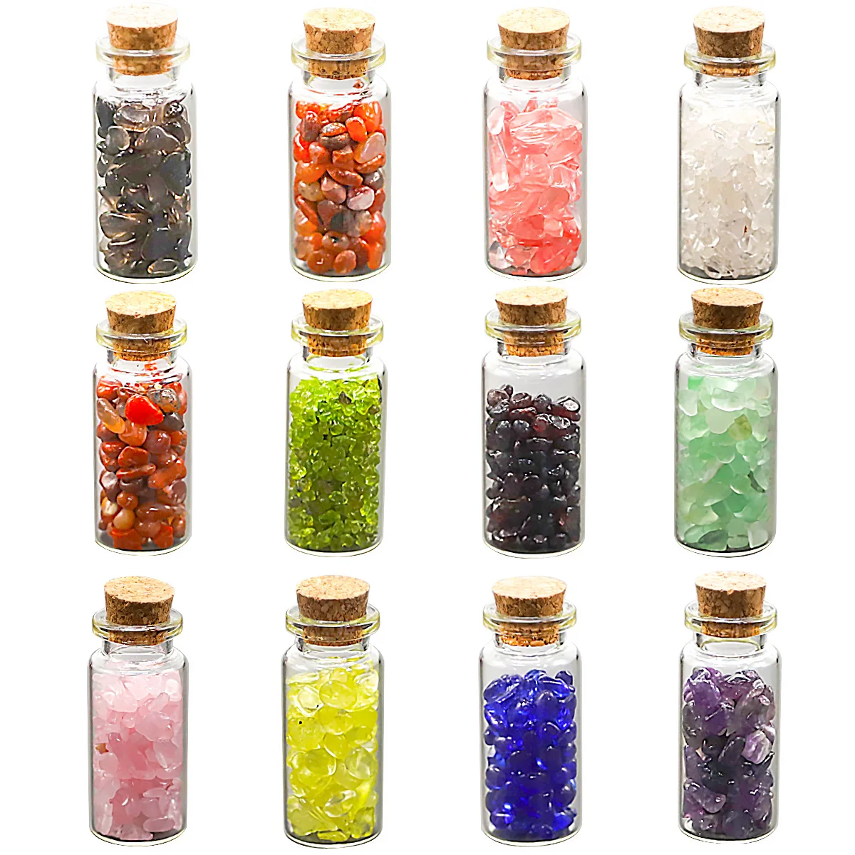 Luxury Amazon Hot Sale Spiritual Healing Chakra Set European-style Raw Colorful Crystal Energy Stones in Glass Bottle of
