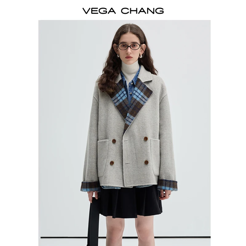 VEGA CHANG Popular Commuting  Design Sheep And Alpaca Wool Double-Faced Wool Tweed Plaid Wool  Coat
