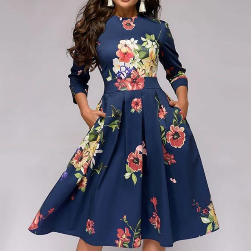 Wholesale Long Sleeve Lady Dress Summer Casual Elegant Floral Sexy Skirt Plus Size Womens Dresses Clothes