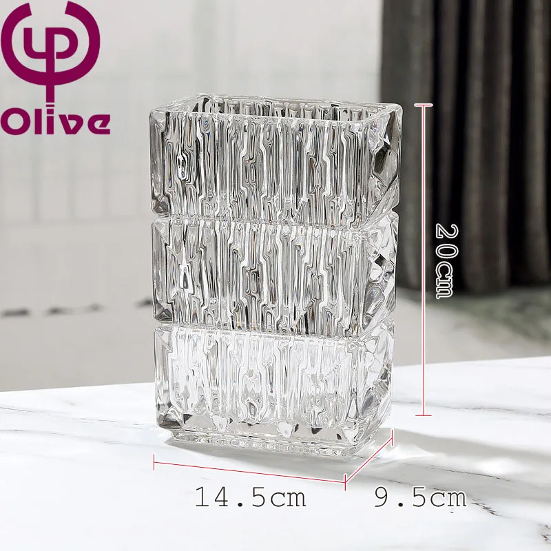 Thickened Murano glass vase 3d printed vase square finely engraved glass transparent water flower vase table home decoration
