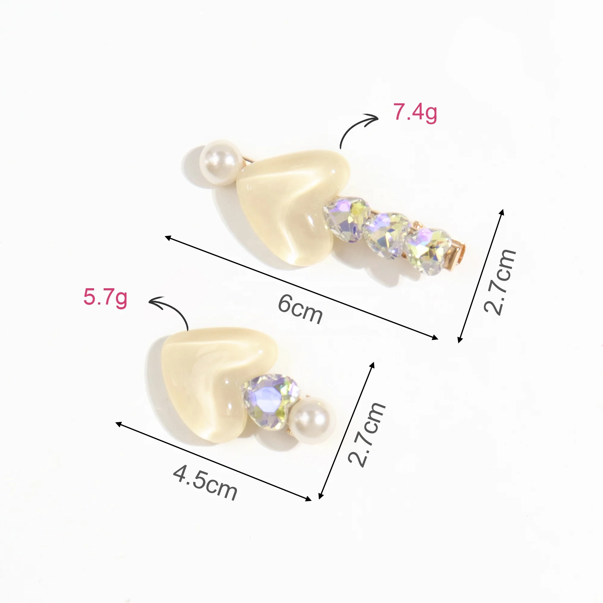 B.PHNE bangs One word clip Pearl glitter hairpins sweet white heart alligator hair clips 2pcs set for women girls