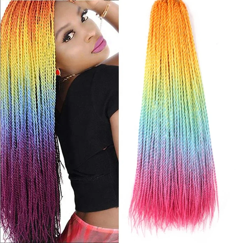 Synthetic Roots Senegalese Twist Hair Ombre Rainbow Pink Blue Crochet Braids Hair Long 24inches Senegalese Twist Hair Braids