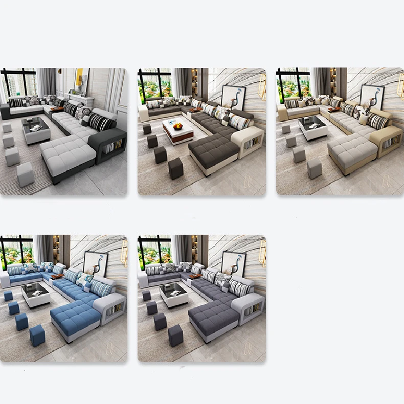 Simple modern fabric sofa set L-shaped wash-free sofa 7 seater large living room whole sofa set