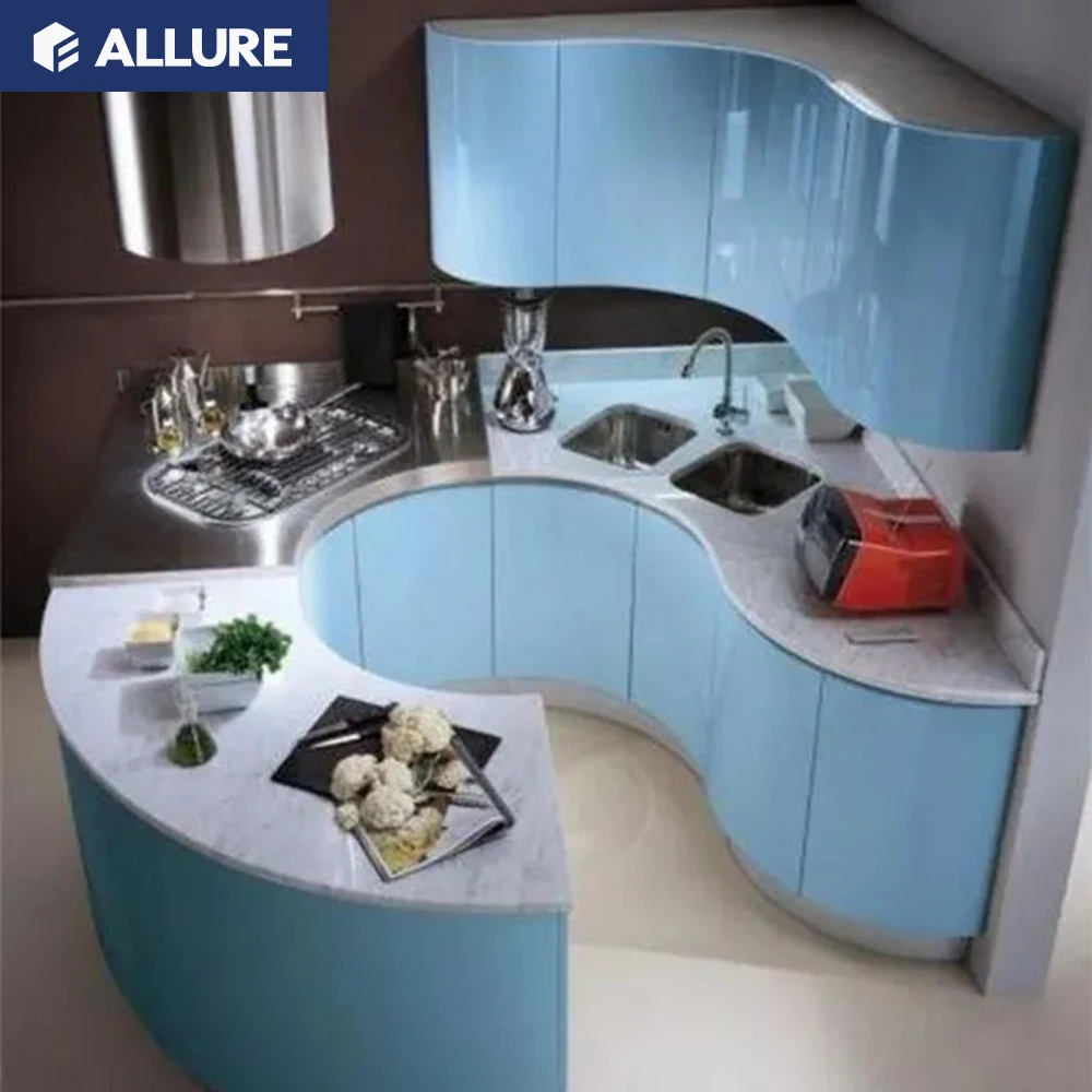 Contemporary Curved Shaped Kichen cabinet Ready to Assemble lacquer or finish modern designs Kitchen Cabinets with Island
