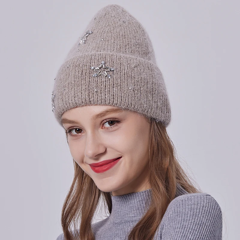 Winter Women Angora Knitted Long Hair Wool Beanie Shiny and Sparkling Diamond Hat Knit Beanies With Jewels Decoration