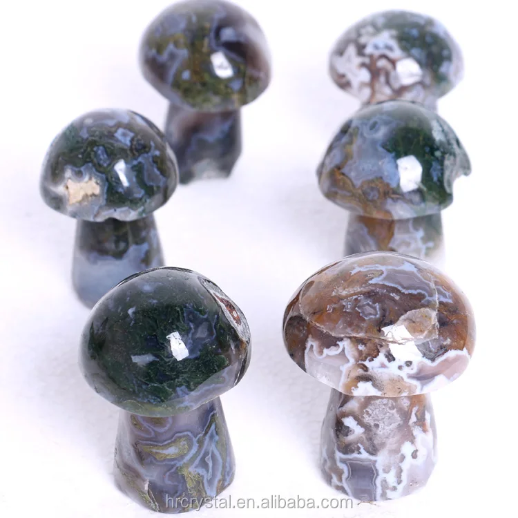 Hot Selling Nature Mushroom Shape Crystal Carved  Moss Agate Mushroom For Decoration